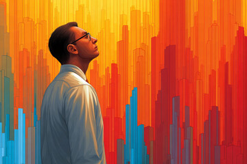 Man glasses looking up with colorful abstract cityscape background
