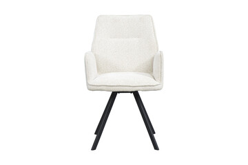 Modern textured cream fabric armchair with black metal legs isolated on transparent background