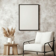 Blank Poster Above White Armchair in Modern Interior