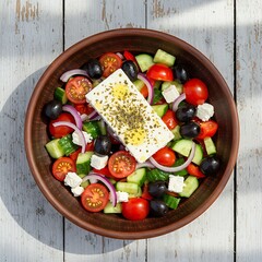  Greek salad in a rustic ceramic bowl, with crumbled feta, Kalamata olives, cherry tomatoes, cucumber, red onion, and fresh oregano, drizzled with glistening olive oil, all on a distressed whitewashed
