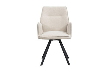 Modern beige upholstered dining chair with black metal legs isolated on transparent background