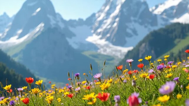 Mountain landscape with alpine meadow in bloom under blue sky. Mountain landscape includes colourful wildflowers and snow capped mountain peaks in distance.