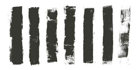 Straight thick grunge underlines. Linocut rolled brush stroke set. Handmade ink rectangle rough stamps. Vector black paint lines shapes. Dry marker or brayer smear textures. Distressed figures.