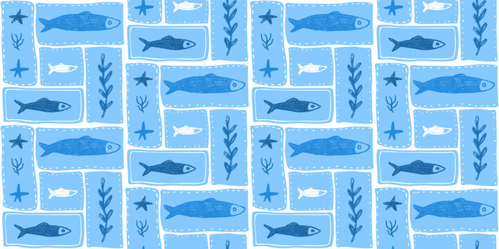 Crayon fish blue seamless pattern. Sardines hand drawn bento grid endless background. Nautical repeat cover. Sea continuous ornament. Surface pattern design seaweeds motif. Vector illustration.