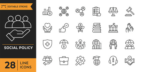 Social policy outline icon set. Containing government, poverty, health insurance, legislation, social security, analytics and more. Editable stroke. Vector illustration