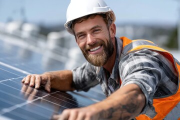 Worker installs solar panels on rooftop under clear blue sky during sunny day