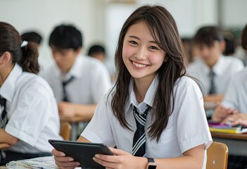 A Japanese high school girl wearing a white and grey uniform is smiling while sitting at her desk in the classroom