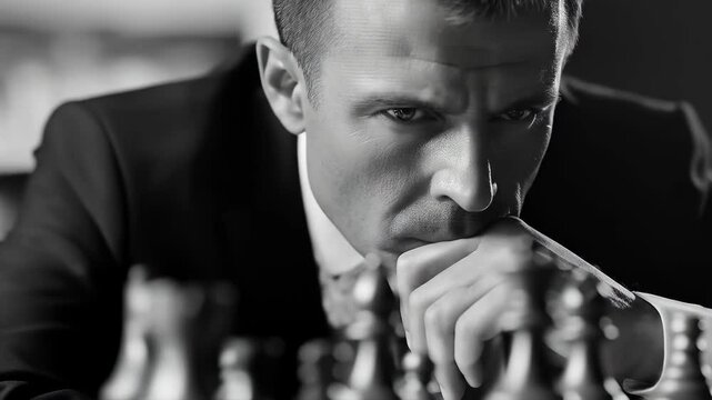 Intense concentration defines this scene, as a pensive man strategizes at a chessboard, his focus emphasizing intellect and the competitive nature of the game.