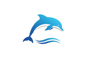 Fototapeta premium A blue dolphin jumping over water waves on a white background vector illustration design art