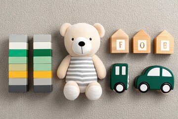 Toy Bear, Car and House Blocks on Gray Surface