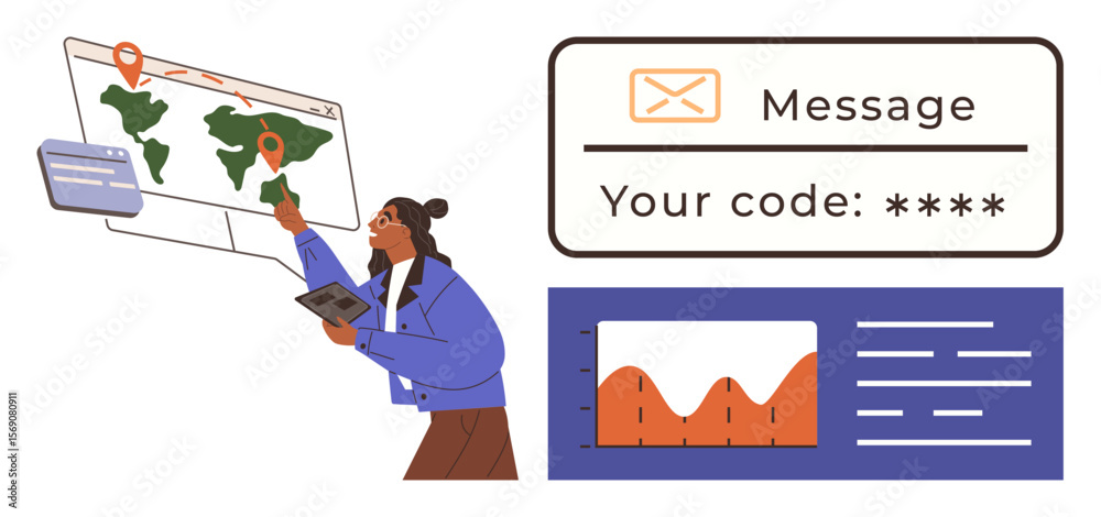 Poster woman interacting with map display on screen, analyzing data points, alongside a graph and security 