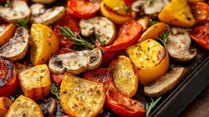 Fototapeta premium Delicious roasted vegetables with rosemary and mushrooms for healthy meals