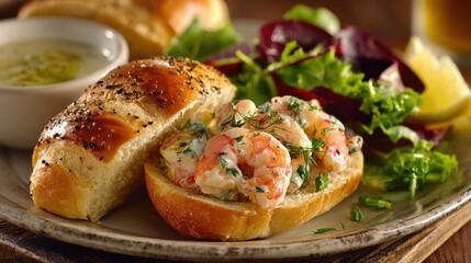 Delicious gourmet seafood sandwich with fresh salad and herb garnish