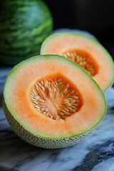 Fresh sliced cantaloupe on marble table for summer fruit display