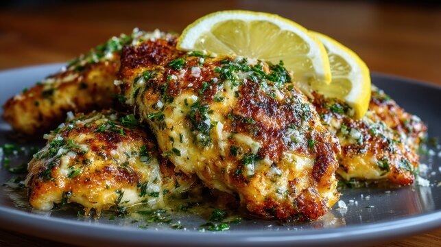 Succulent lemon herb chicken breasts garnished with parsley and parmesan