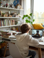 Teen boy studying online at home with laptop — distance learning and remote education