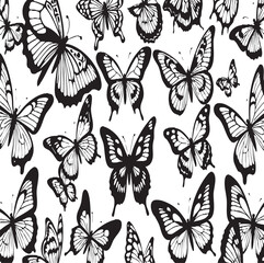 Seamless black and white butterfly pattern, ideal for textiles, backgrounds, and nature-themed design projects.