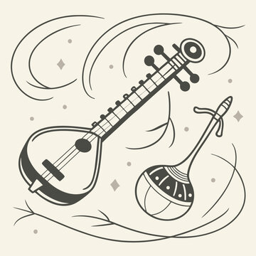 Illustration of two stringed musical instruments with decorative swirls and diamond shapes around them