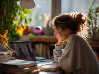 Fototapeta premium Young woman studying or working online at home with laptop — student, tutor, mentor or coach in remote setting