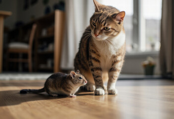 An unexpected moment of truce as a curious tabby cat sits peacefully beside a small mouse on a wooden floor, challenging the classic predator-prey dynamic.
