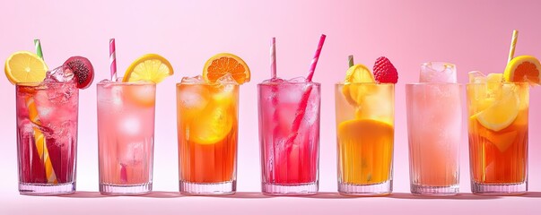 Colorful Cocktails Drinks on Pink Background