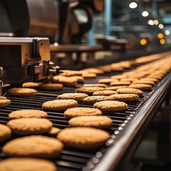 Cookies on a Conveyor Belt in a Factory