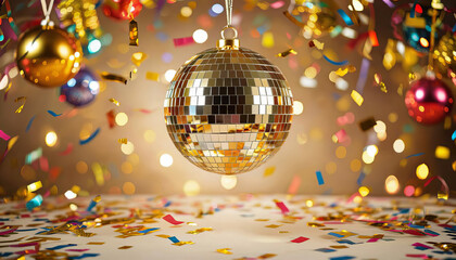 Obraz premium Golden disco ball close up at party, festive background, space for text 