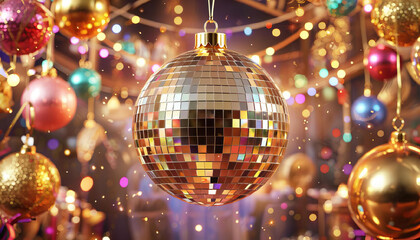 Obraz premium Golden disco ball close up at party, festive background, space for text 