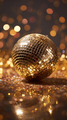 Obraz premium Golden disco ball close up at party, festive background, space for text 