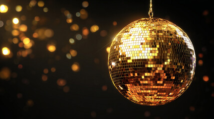 Obraz premium Golden disco ball close up at party, festive background, space for text 