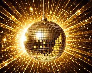 Golden disco ball close up at party, festive background, space for text 