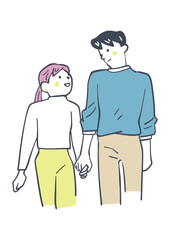 手を繋ぎ見つめあ合うカップル　ストックイラスト素材
