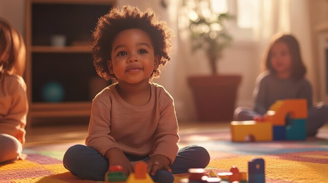 African-American preschool children sitting on bright colorful rug playing with educational toys during early childhood development activities in daycare learning environment
