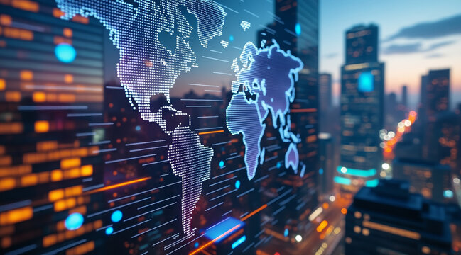 Digital world map with data points overlay on cityscape at dusk, showing futuristic technology and global connection - Powered by Adobe