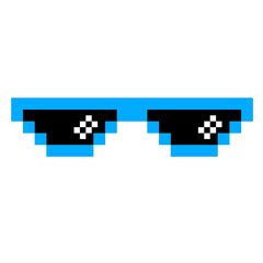 Obraz premium Blue pixel sunglasses icon illustration with flat style design. Application, web, social media, sticker, banner, poster, lego.