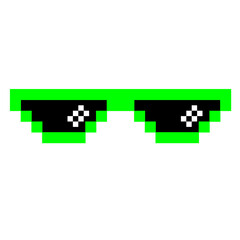 Green pixel sunglasses icon illustration with flat style design. Application, web, social media, sticker, banner, poster, lego. © Erlin
