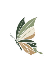 Stylized butterfly illustration with wings composed of layered segments in various shades of green, beige, and brown.