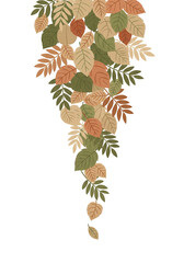 A vertical trail of various flat-style leaves gently falling, in an eco-chic neutral palette of olive, sand, and terracotta, on a white background.