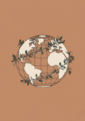 Minimalist line art globe with delicate botanical vines wrapping around the hemisphere, set on a muted terracotta background.