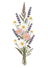 A clean, vertical bouquet of hand-drawn wildflowers (daisy, lavender, chamomile) with clean color fills in muted earthy tones of blush, dusty green, and ivory.