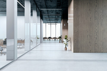 Modern empty office corridor with glass partitions and wood panel wall in contemporary corporate interior with clean spacious design. 3D Rendering