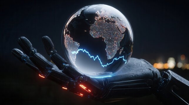 Robot hand holding illuminated globe and data graph