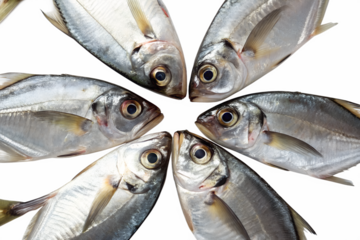 Six silver fish arranged in a circular pattern on a transparent background. The fish have shiny scales and prominent eyes, showcasing their fresh appearance.