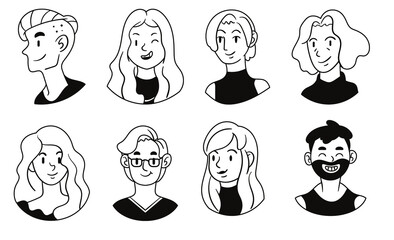 Character Avatar Illustrations Featuring  peoples, With Black and White Colors. Isolated on a Transparent Background. Cutout PNG