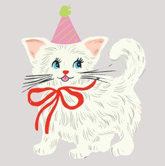 cute white kitten wearing a party hat. The illustration has a playful, vintage style, making it perfect for festive or whimsical themes like birthday cards or children’s designs.