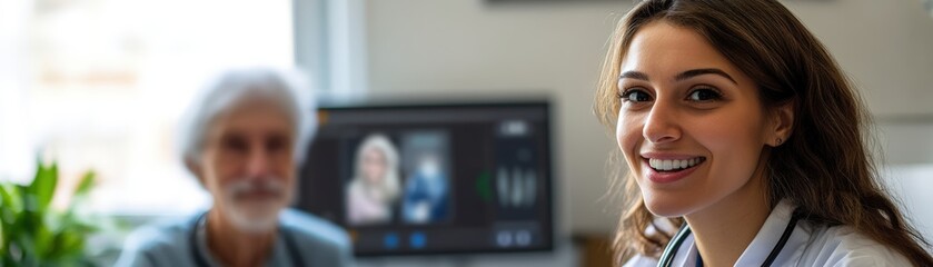 Professional nurse teaching elderly patient how to use telemedicine technology for remote healthcare consultations at modern medical clinic with digital devices and virtual care training