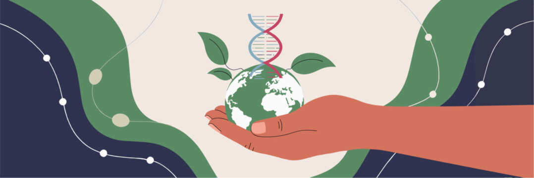 Hand holding Earth with DNA strand in symbolic vector banner