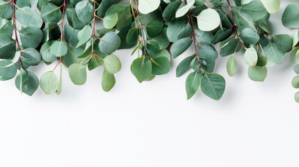 Frame of green foliage eucalyptus leaves isolated on white background with copy space in the center.