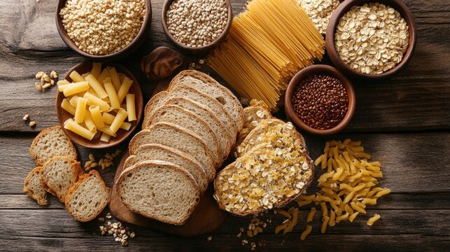 Gluten free bread pasta and grains arranged on wooden table with clean labeling showing healthy celiac diet alternatives and natural nutrition for wheat intolerance wellness