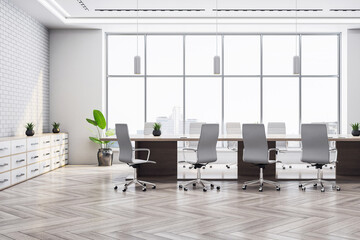 Modern corporate boardroom interior with panoramic city view, stylish furniture, large windows,...